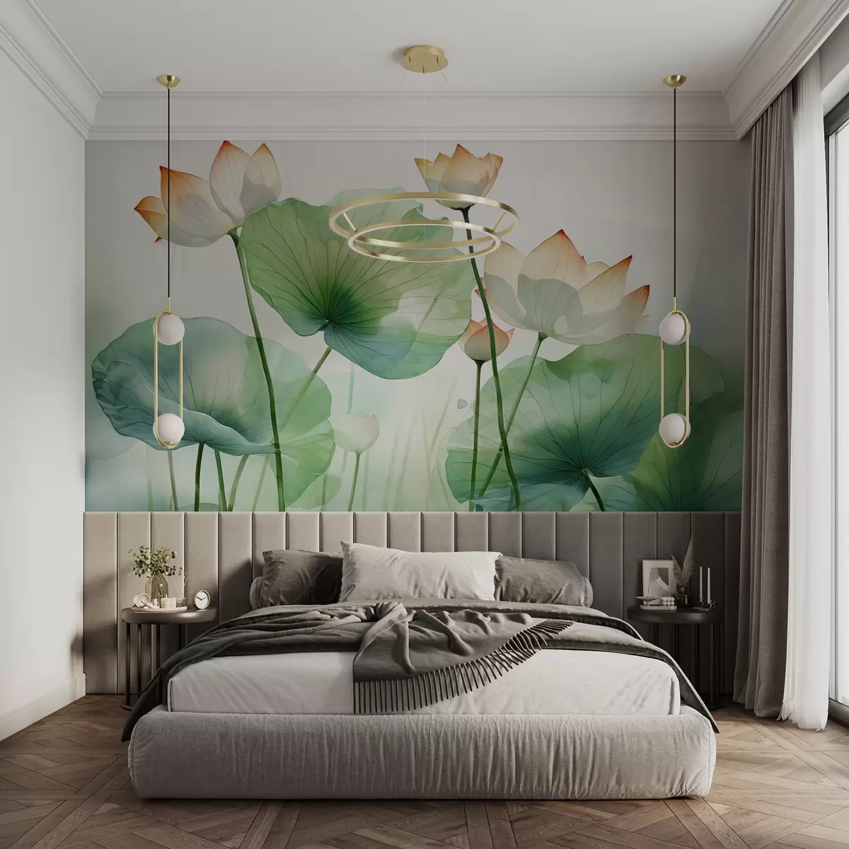 murales de pared Hojas y flores de nenúfar, loto, acuarela húmeda w01778