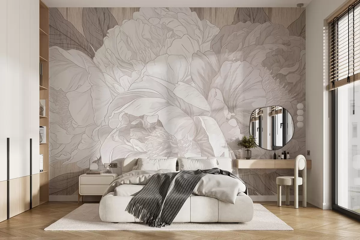 murales de pared Grandes flores de peonía texturizadas en tonos beige w01141