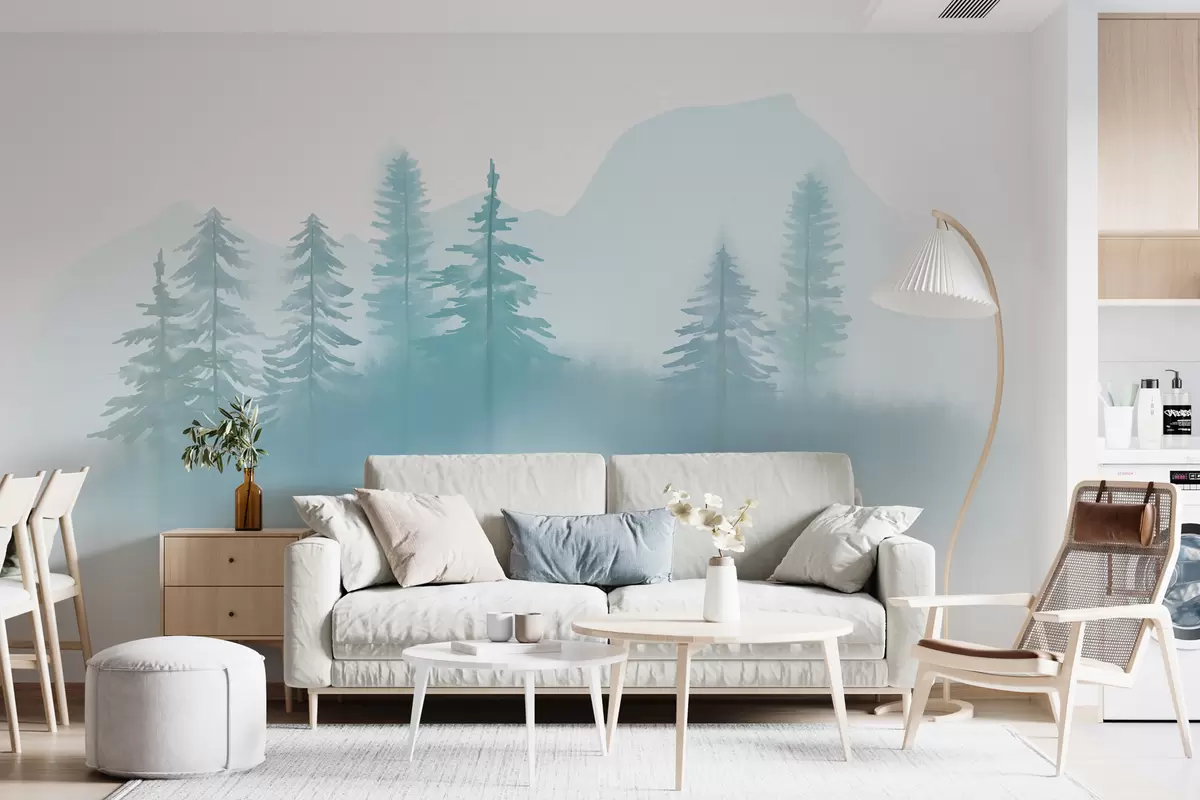 murales de pared Delicado paisaje en tonos azules con abetos en técnica de acuarela sobre fondo blanco w01142