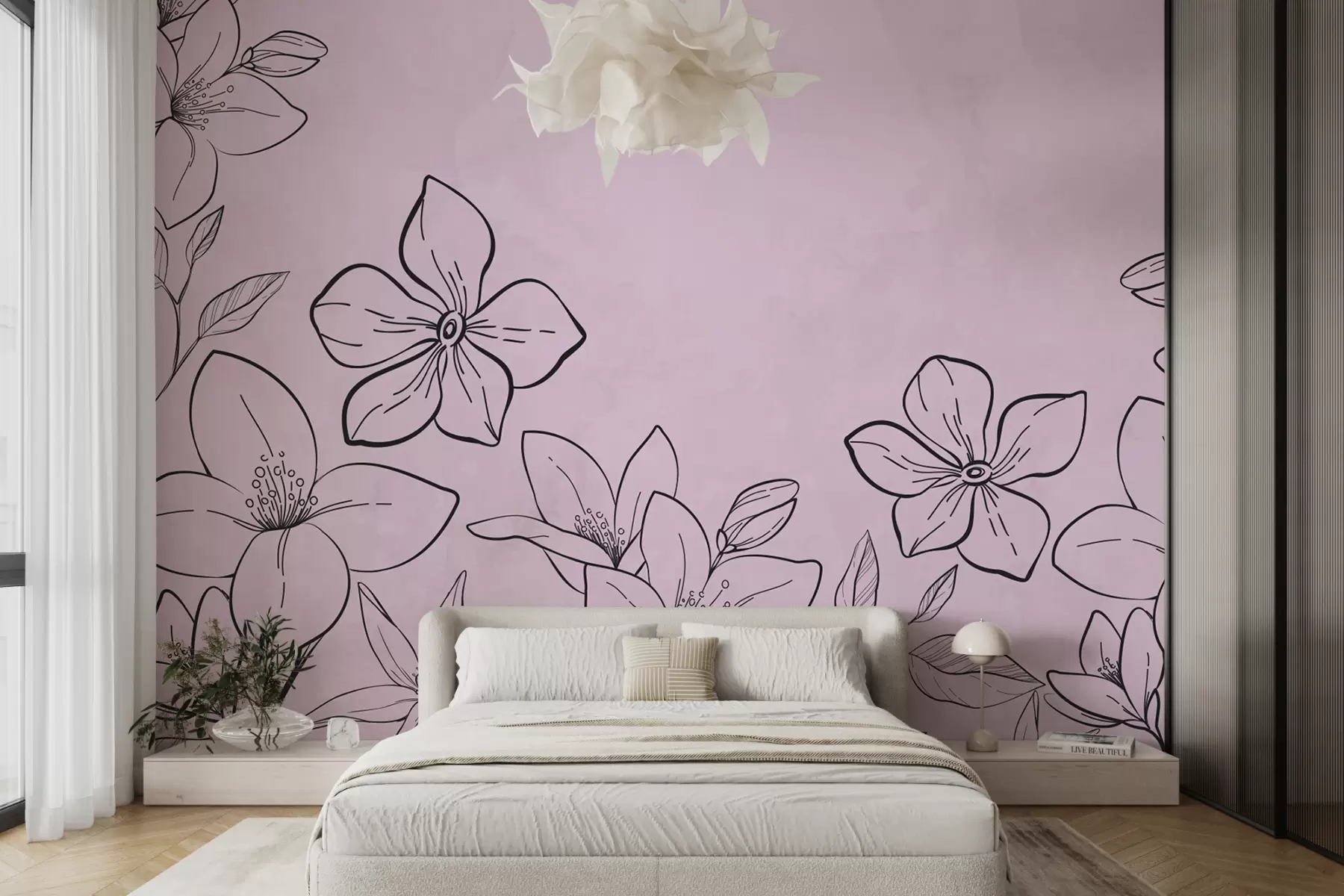 murales de pared flores pintadas sobre fondo rosa claro w01151