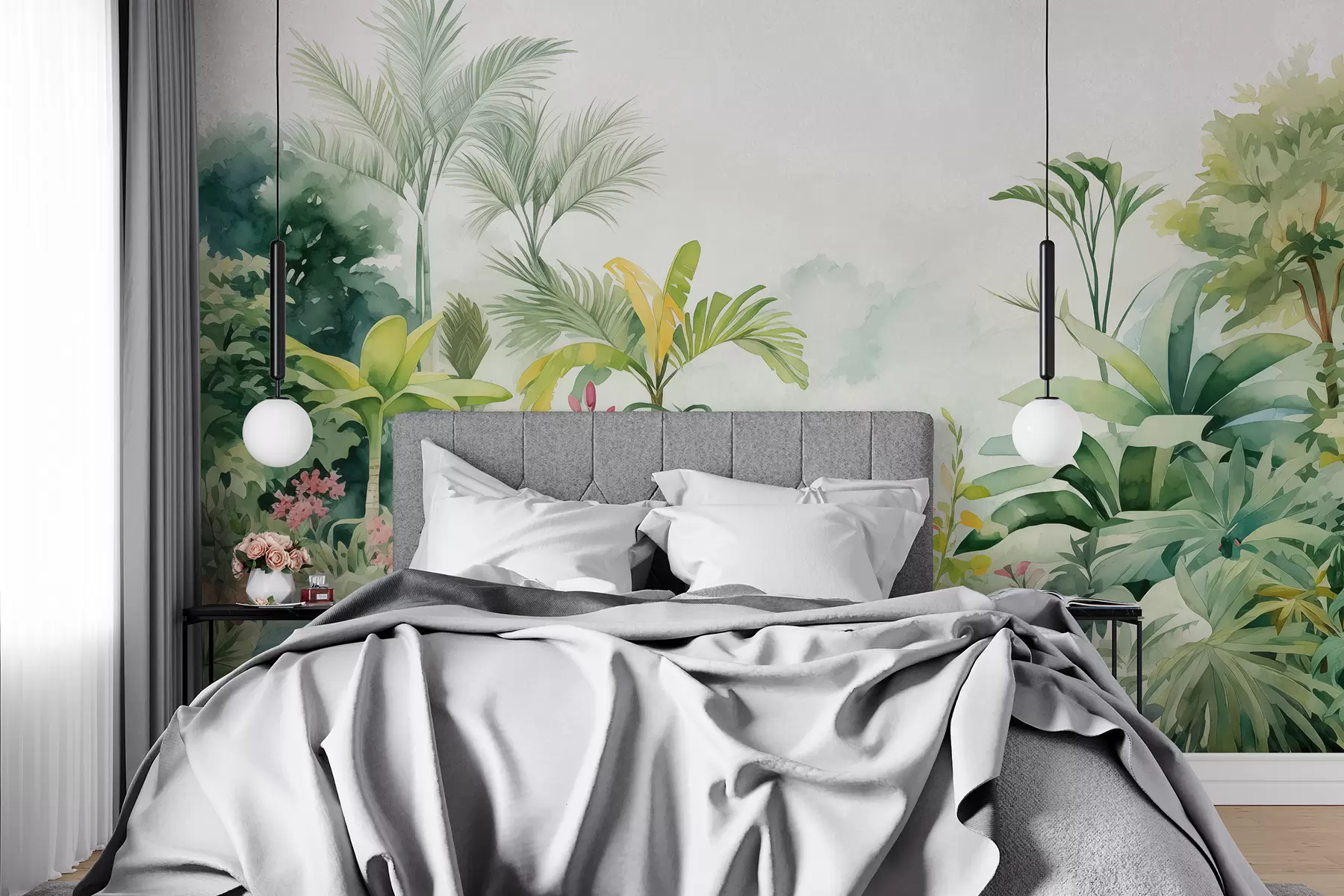murales de pared Selva, acuarela, palmeras, floral, colores suaves w01785