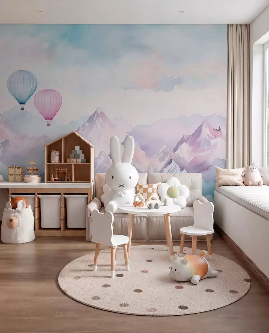 murales de pared Acuarela montañas con globos de aire, etéreo, colores azules w01786v1