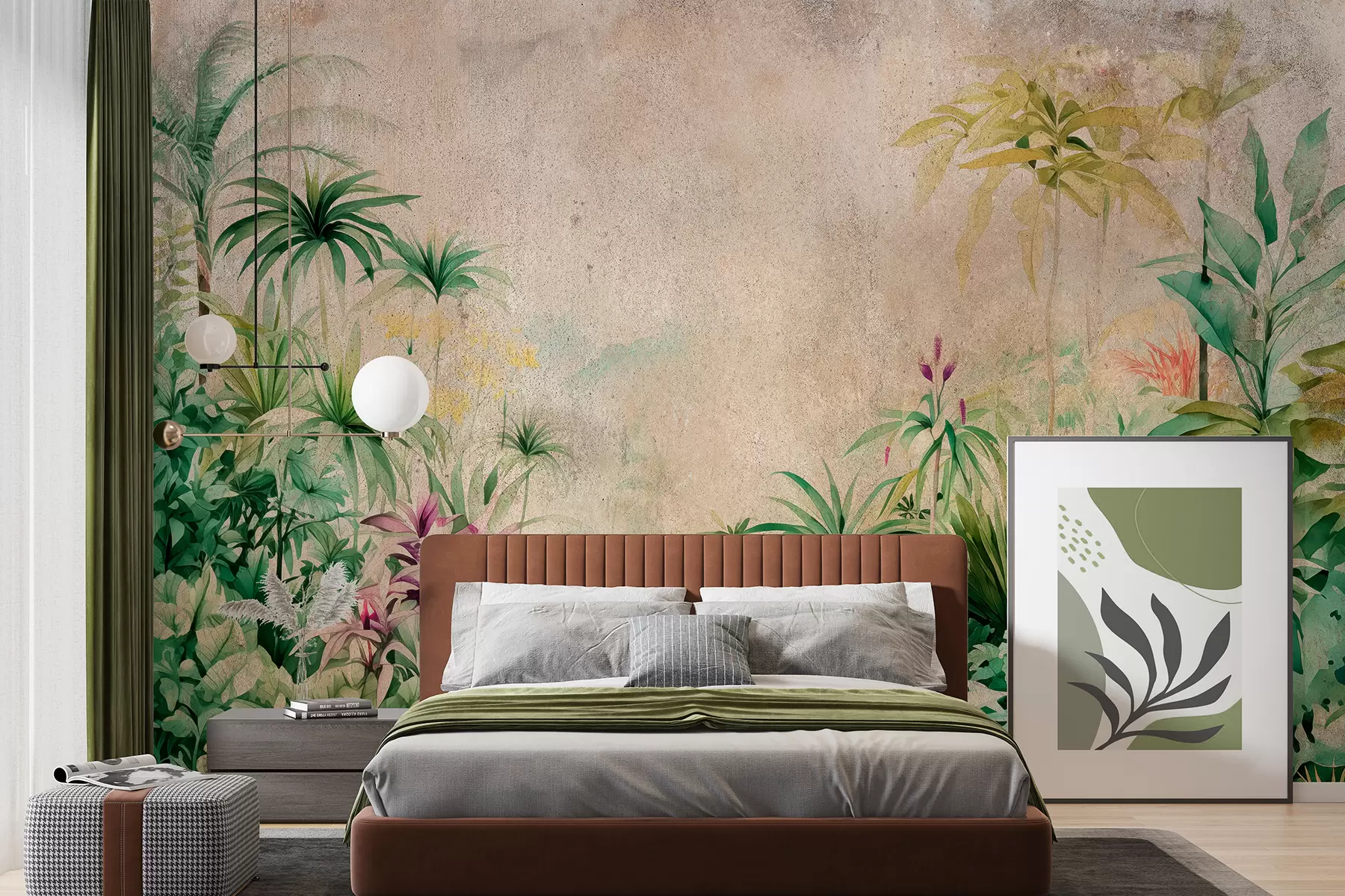 murales de pared Selva, acuarela, palmeras, floral, fondo beige  w01788