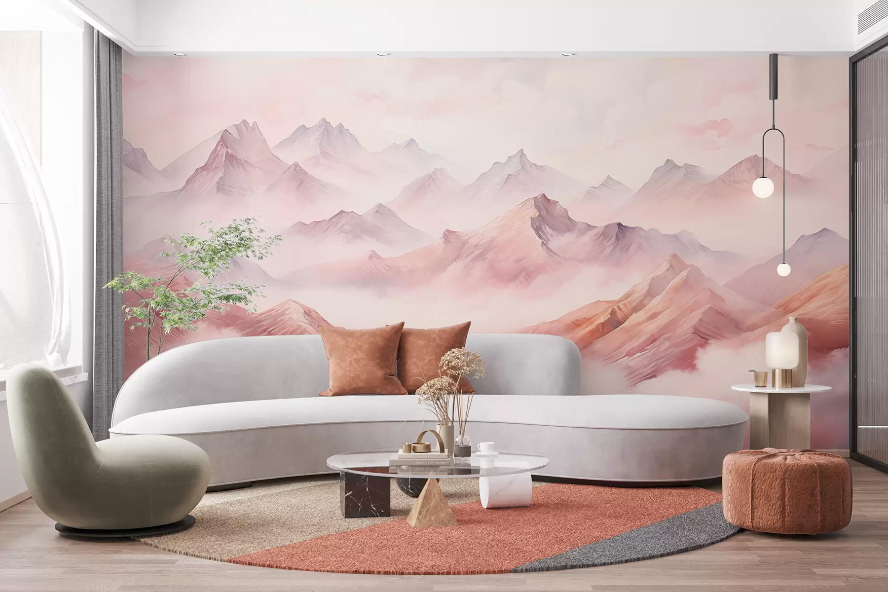 murales de pared Montañas con nubes, acuarela, suaves colores beige y rosa w01790