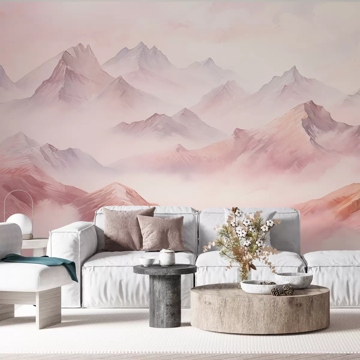 murales de pared Montañas con nubes, acuarela, suaves colores beige y rosa w01790