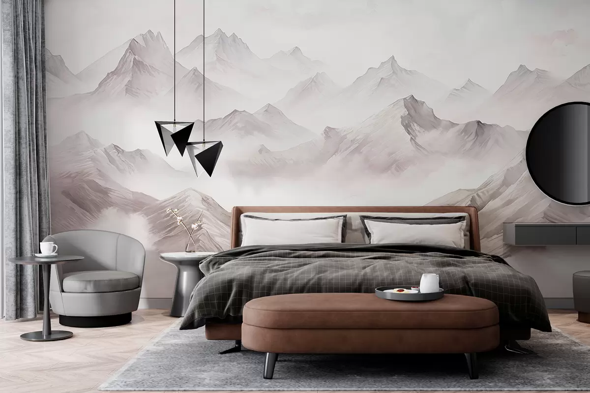 murales de pared Montañas con nubes, acuarela, colores grises suaves w01790v1