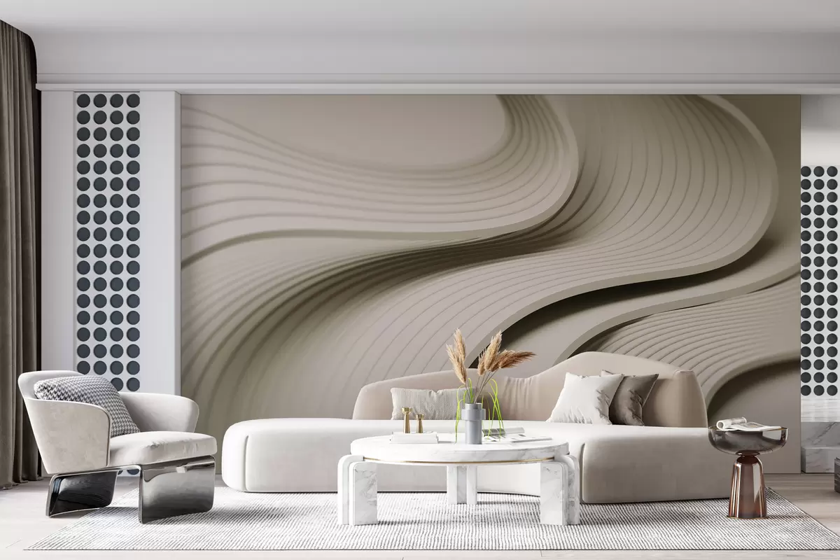 murales de pared Elegantes ondas voluminosas en estilo 3D en tonos beige w01147v2