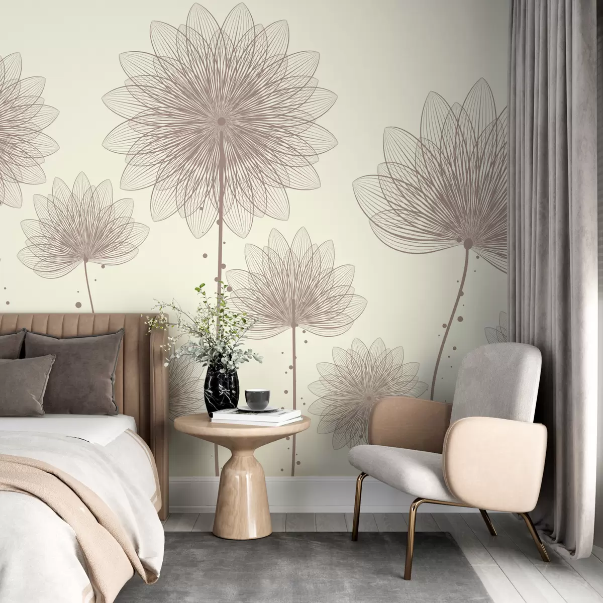 murales de pared Flores marrones sobre fondo beige y limón w01805v3