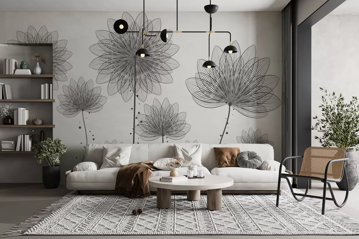murales de pared Flores gris oscuro sobre fondo gris claro w01805v5