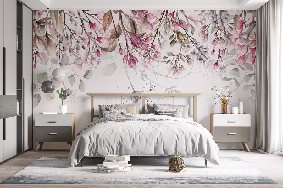 murales de pared Delicadas ramas florales rosas y blancas con hojas y pétalos, sobre fondo gris pastel w08347
