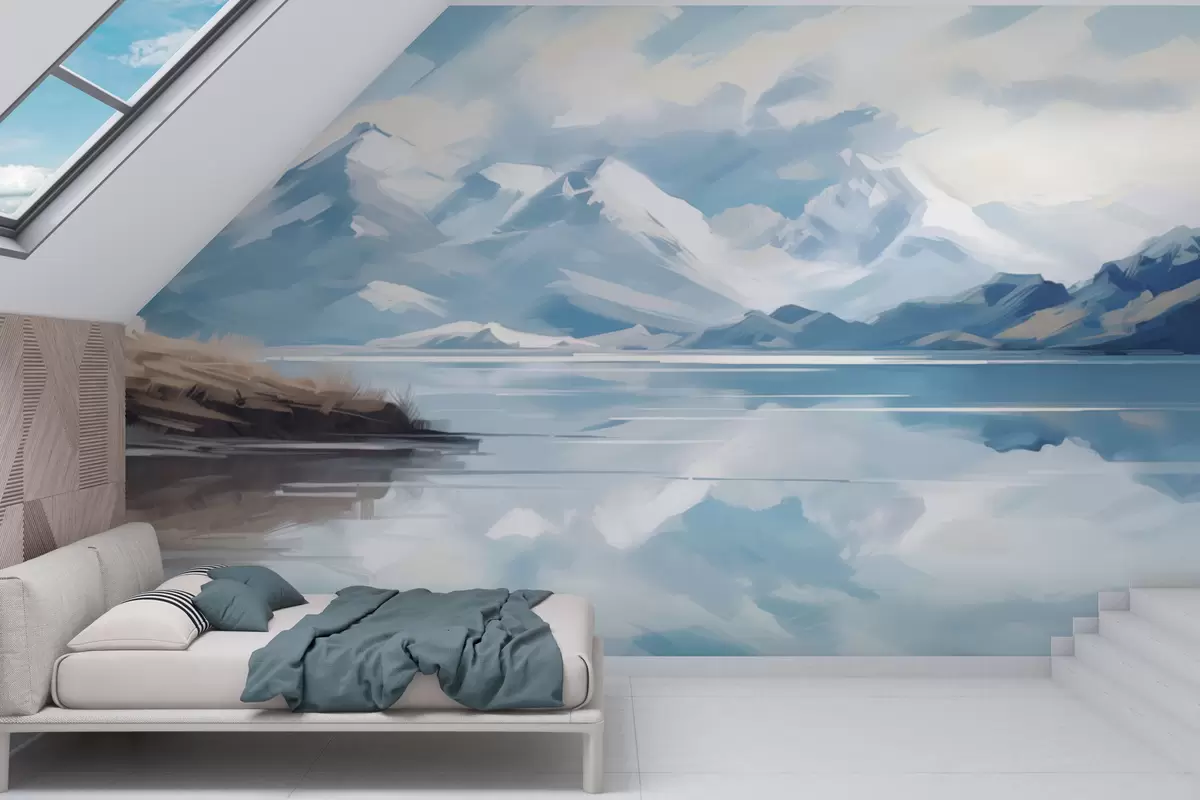 murales de pared Paisaje de montañas y lago en un día de invierno w01683