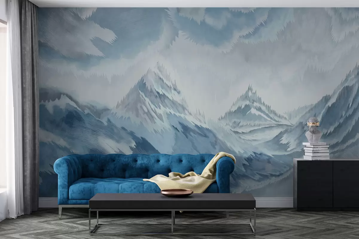 murales de pared Ventisca en las montañas en estilo grunge y color azul claro w01763