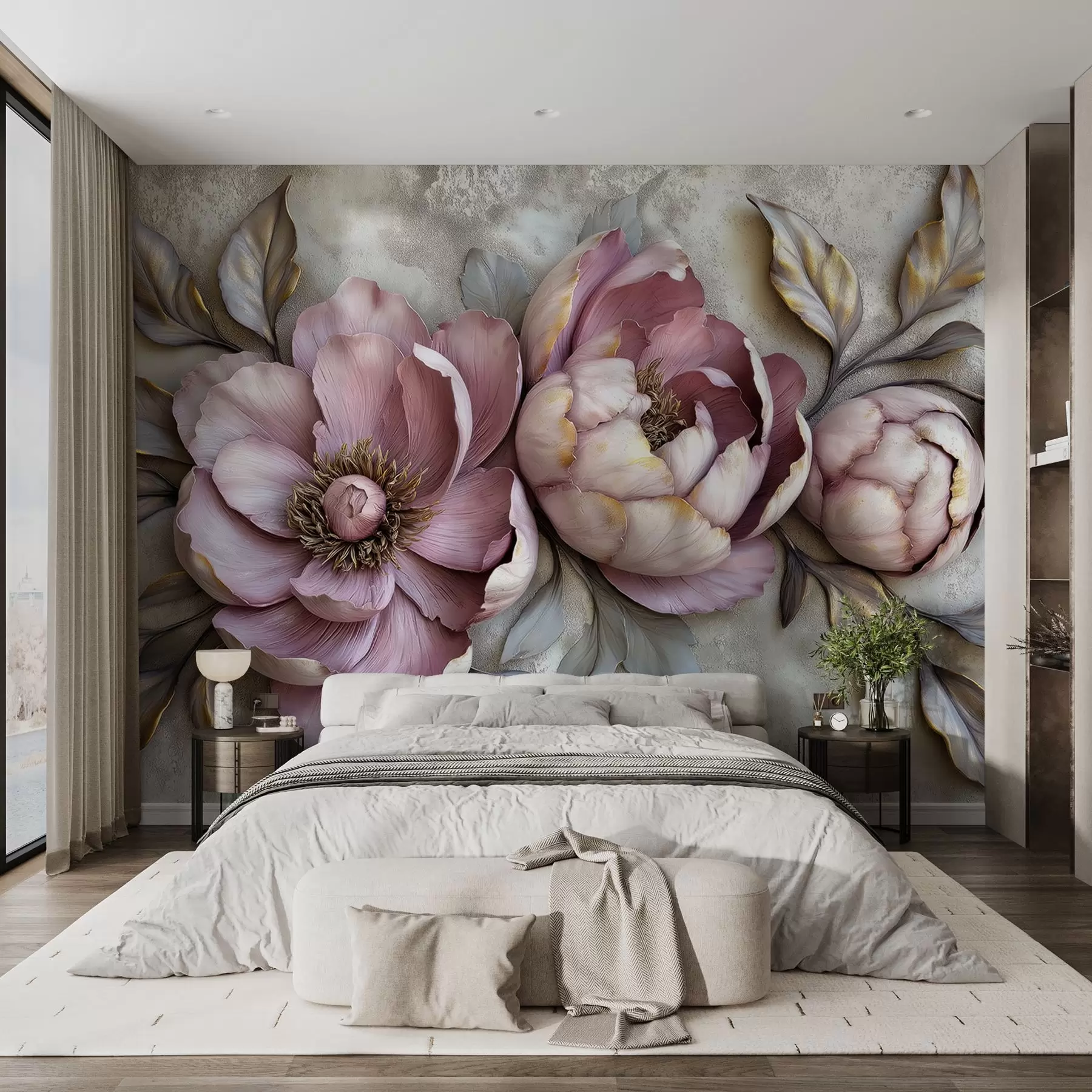 murales de pared Peonías florales moradas con hojas y pétalos en colores pastel apagados, estilo vintage w01825