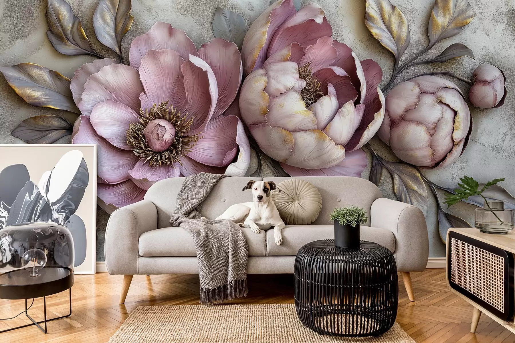 murales de pared Peonías florales moradas con hojas y pétalos en colores pastel apagados, estilo vintage w01825