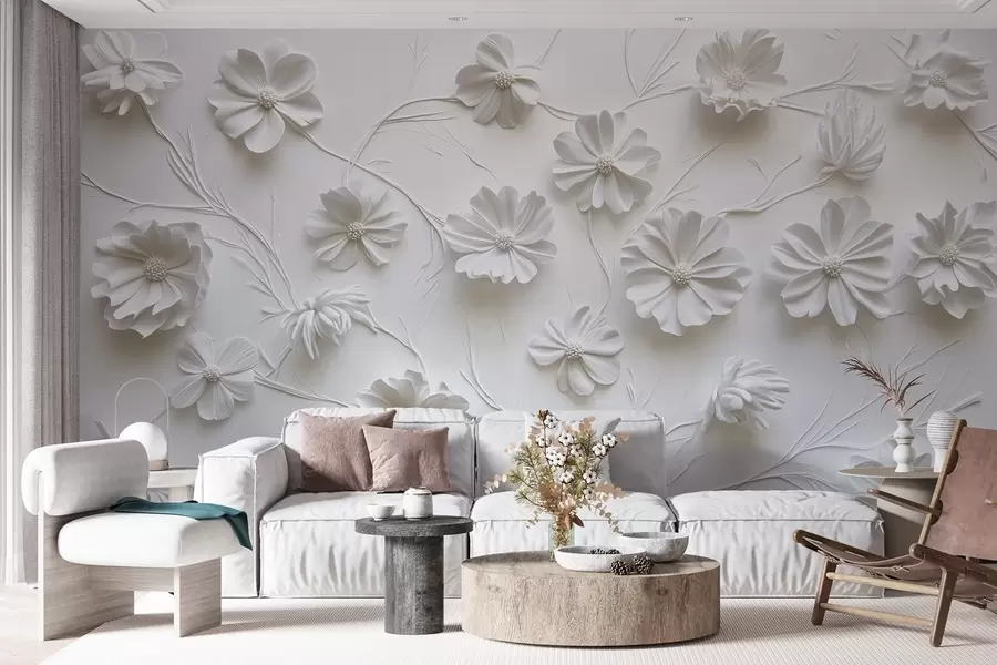 murales de pared Composición de flores blancas en relieve de estilo minimalista y sofisticado w01828