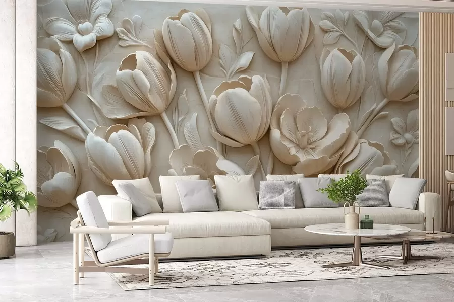 murales de pared arte floral en 3D con elegantes tulipanes de color beige w01851