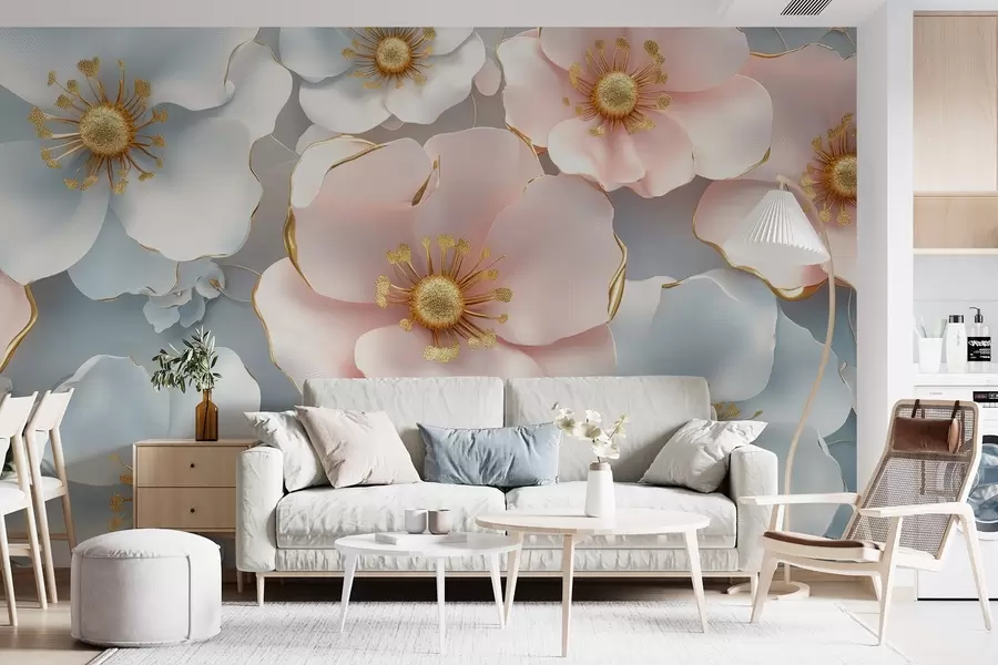 murales de pared Flores abstractas azules y rosas con acentos sobre un fondo elegante en colores suaves w01855