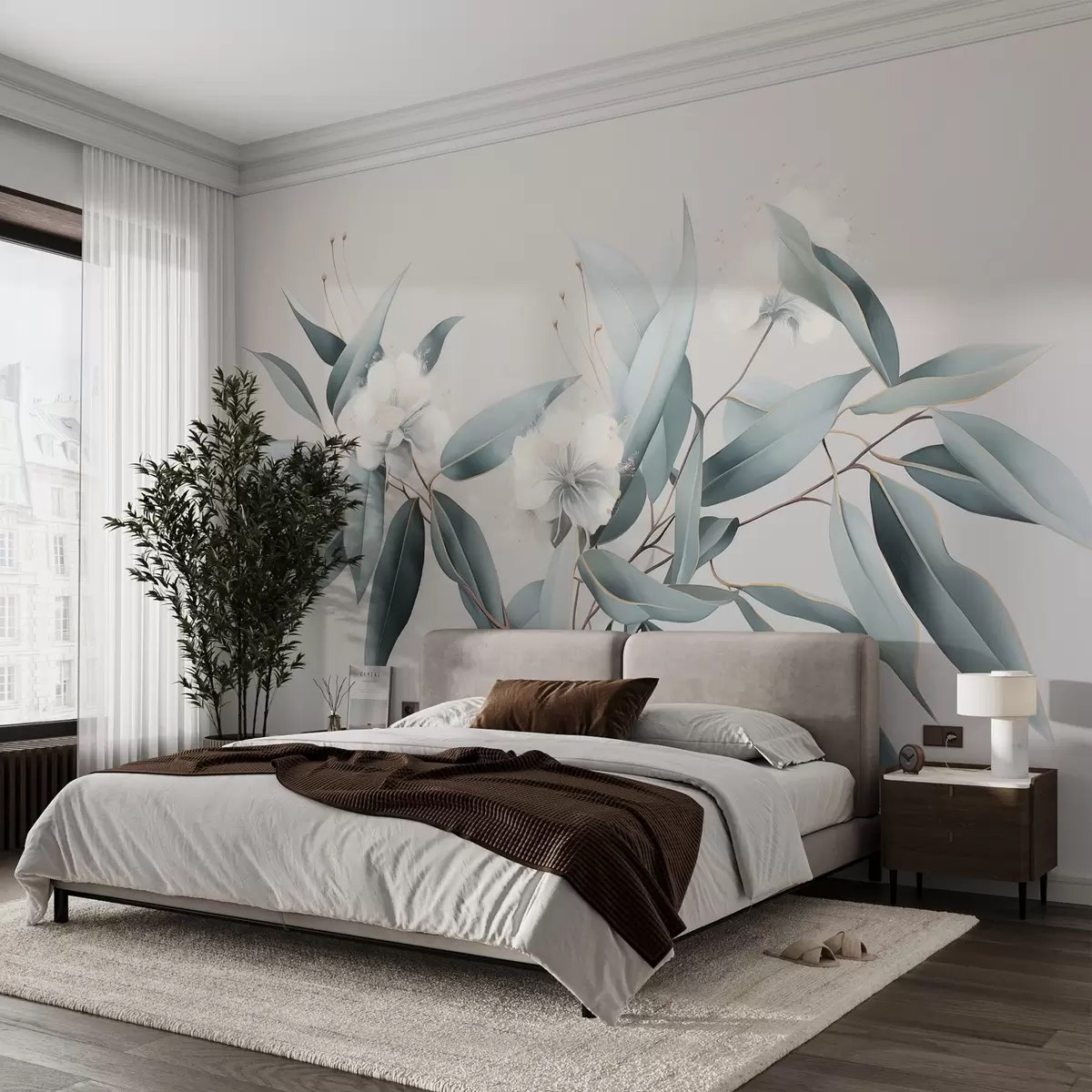 murales de pared Flores de algodón, naturaleza, dibujo acrílico, colores grises suaves w01884