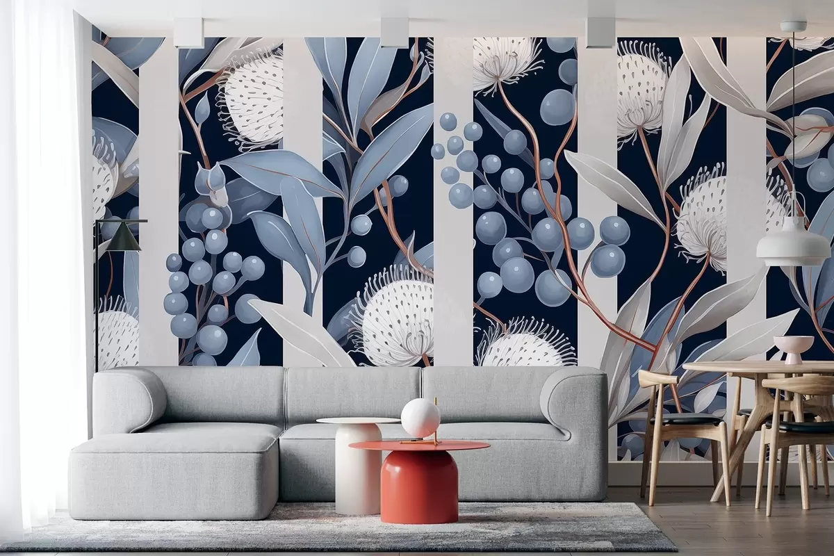 murales de pared Adorno de flores con bayas silvestres, vintage, colores azul y gris w01886