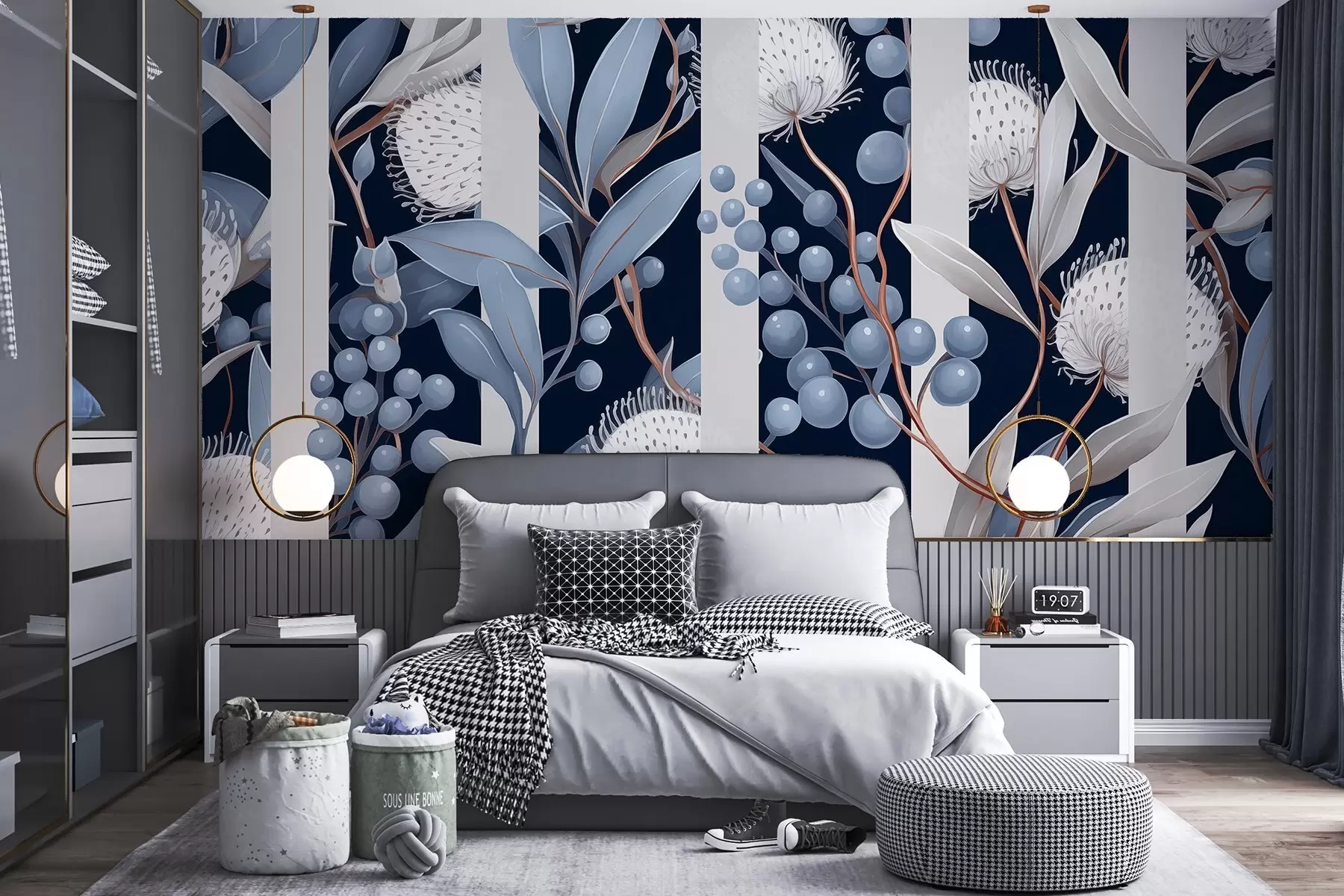 murales de pared Adorno de flores con bayas silvestres, vintage, colores azul y gris w01886