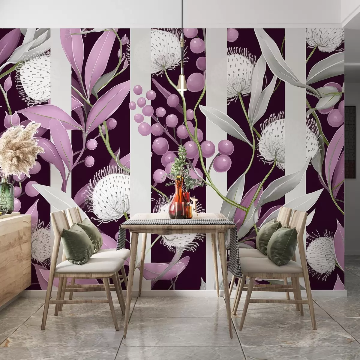 murales de pared Adorno de flores con bayas silvestres, vintage, colores rosa y verde w01886v1