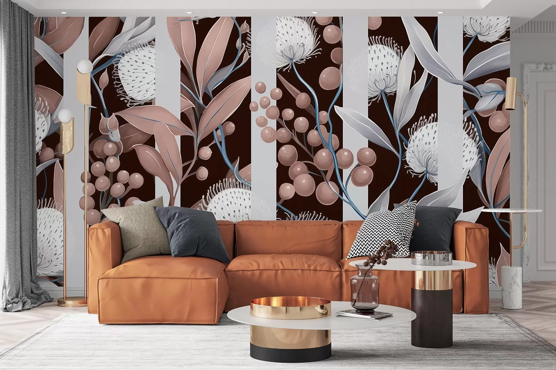 murales de pared Adorno de flores con bayas silvestres, vintage, colores beige y azul w01886v3