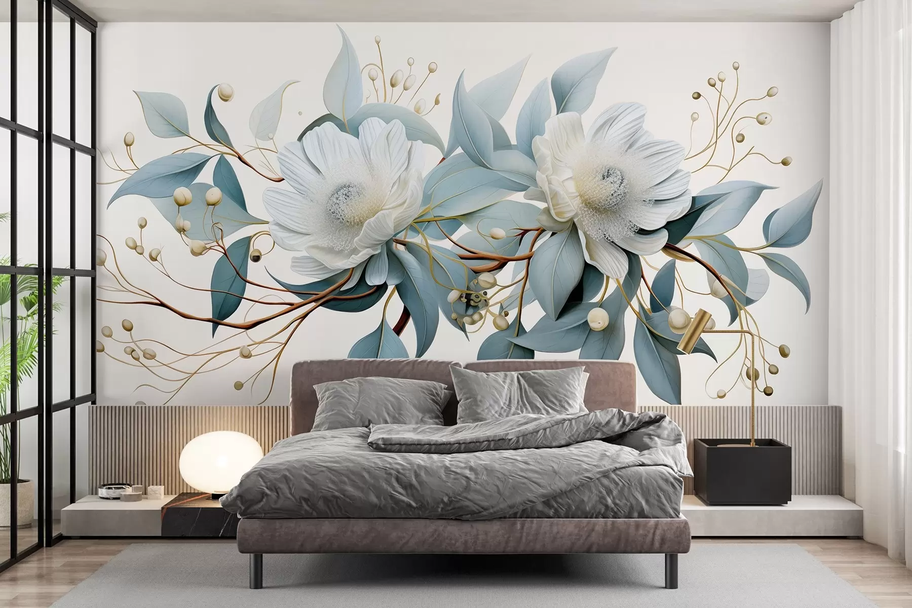murales de pared Hermosas flores de acrílico con hojas y bayas, realismo w01887