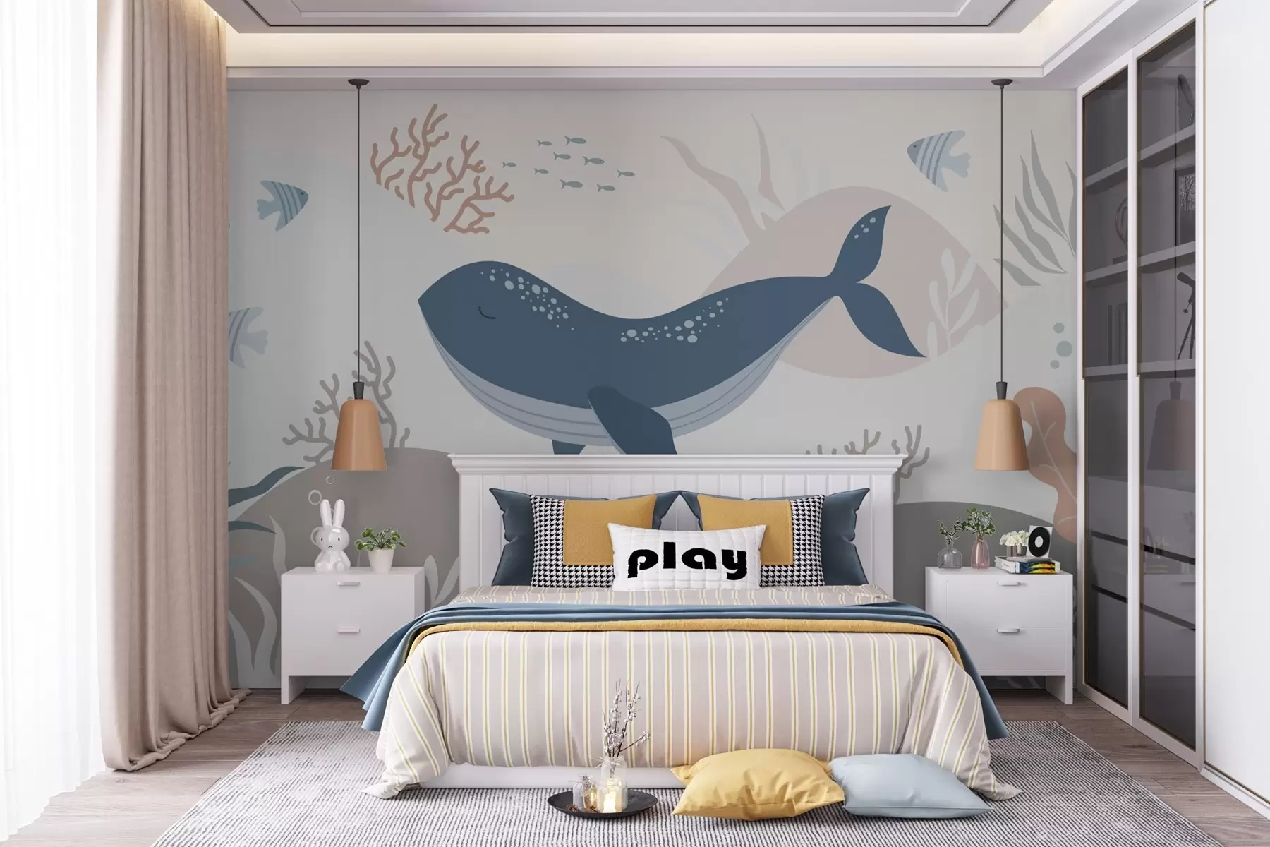 murales de pared Gran ballena en el mundo submarino entre las algas w01929