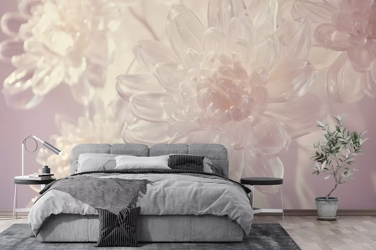 murales de pared Crisantemos silvestres de cristal, una composición delicada y aérea en tonos rosados w01935v1