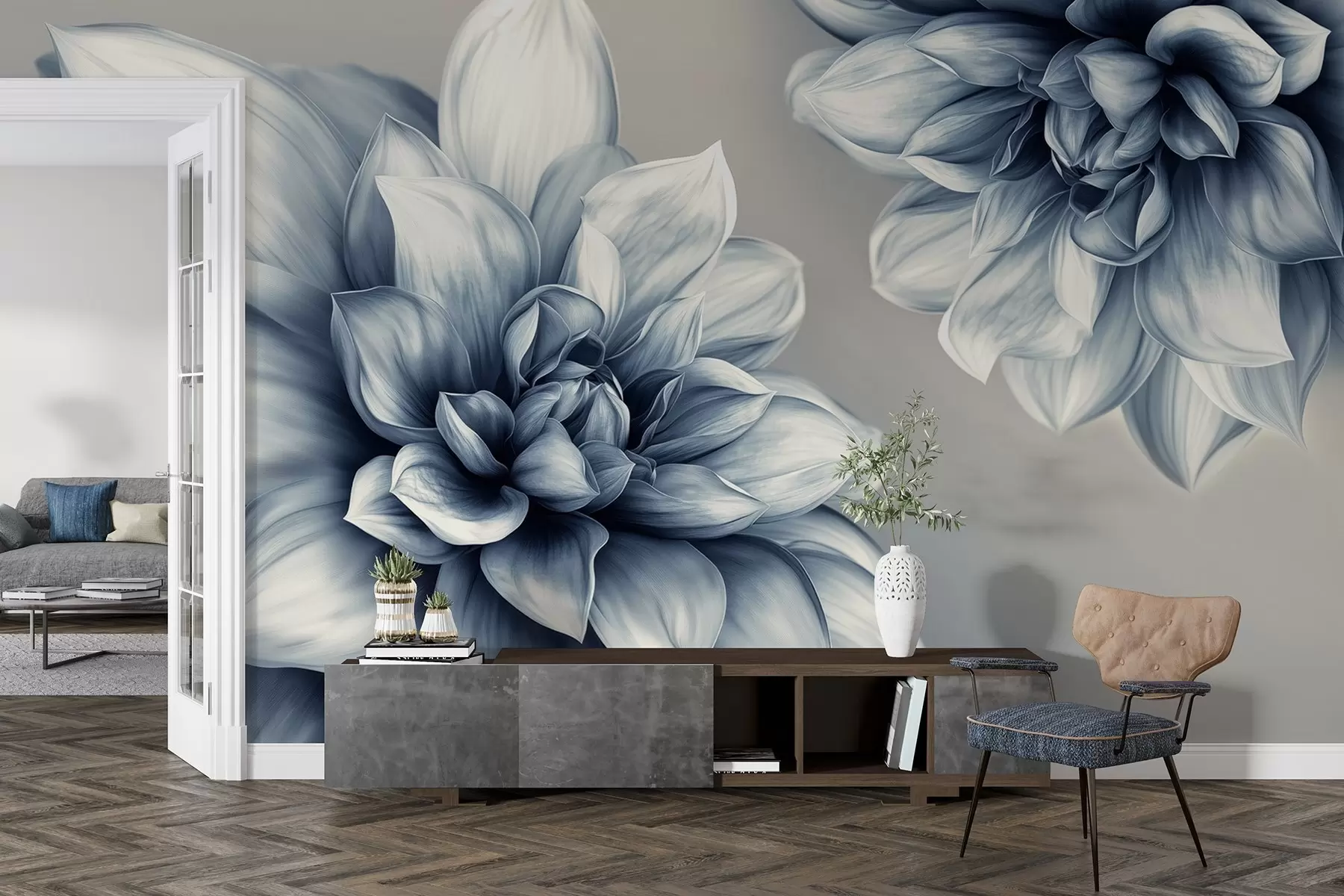 murales de pared Flores voluminosas con muchos pétalos, representadas en gradaciones de tonos grises y azules w01937
