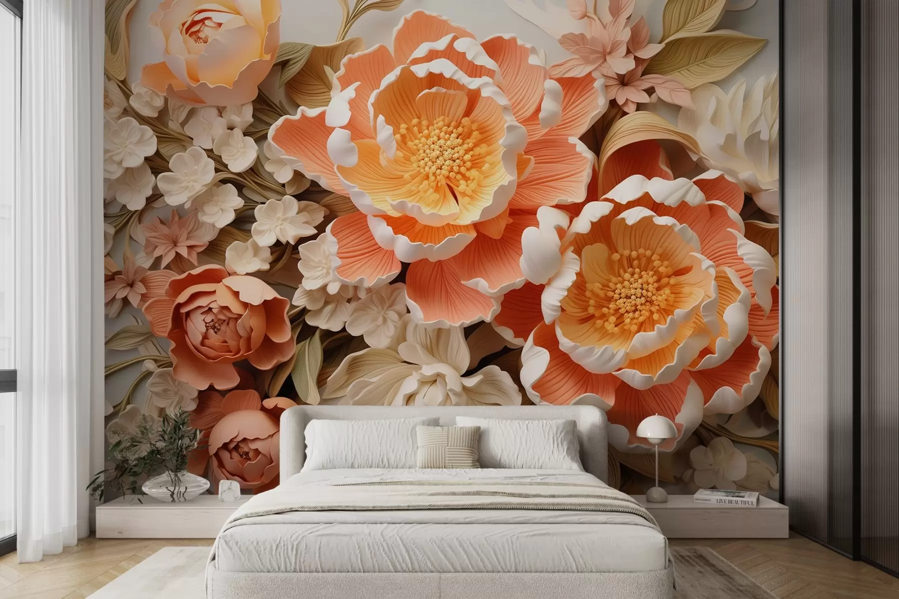 murales de pared Un arreglo floral 3D en tonos melocotón con peonías y rosas estilo Rococo w01939