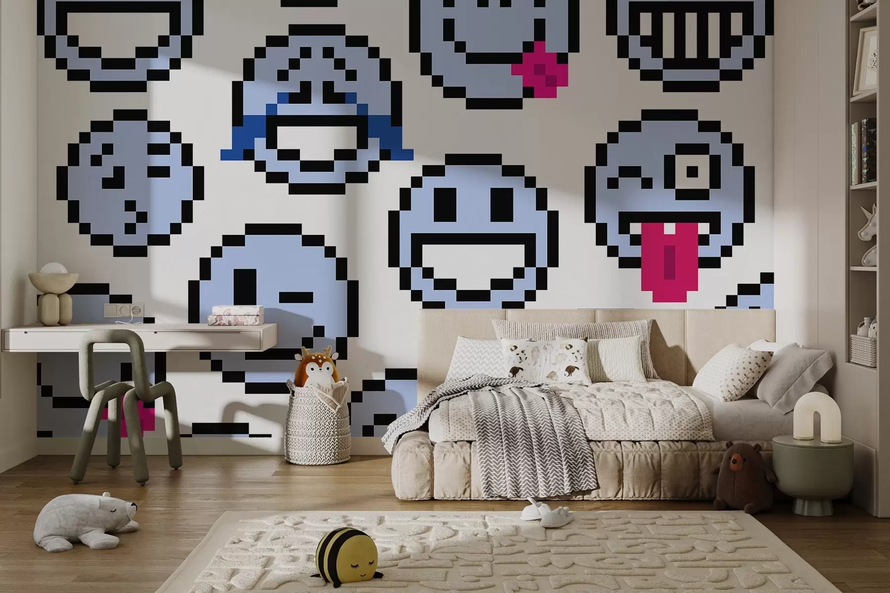 murales de pared Pixel art smileys, color azul w01942v2