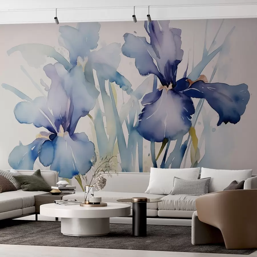 murales de pared Iris en estilo acuarela húmeda difuminada, color azul-violeta w01945