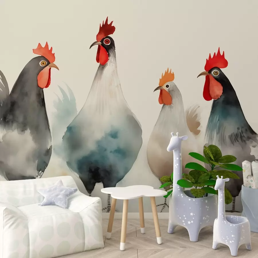 murales de pared Gallinas y gallos en estilo acuarela húmeda difuminada w01946