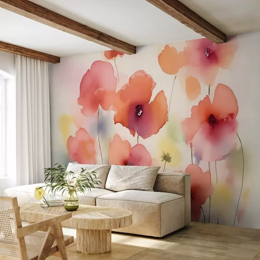 murales de pared Flores de color rosa rojo borrosa estilo acuarela húmeda w01947