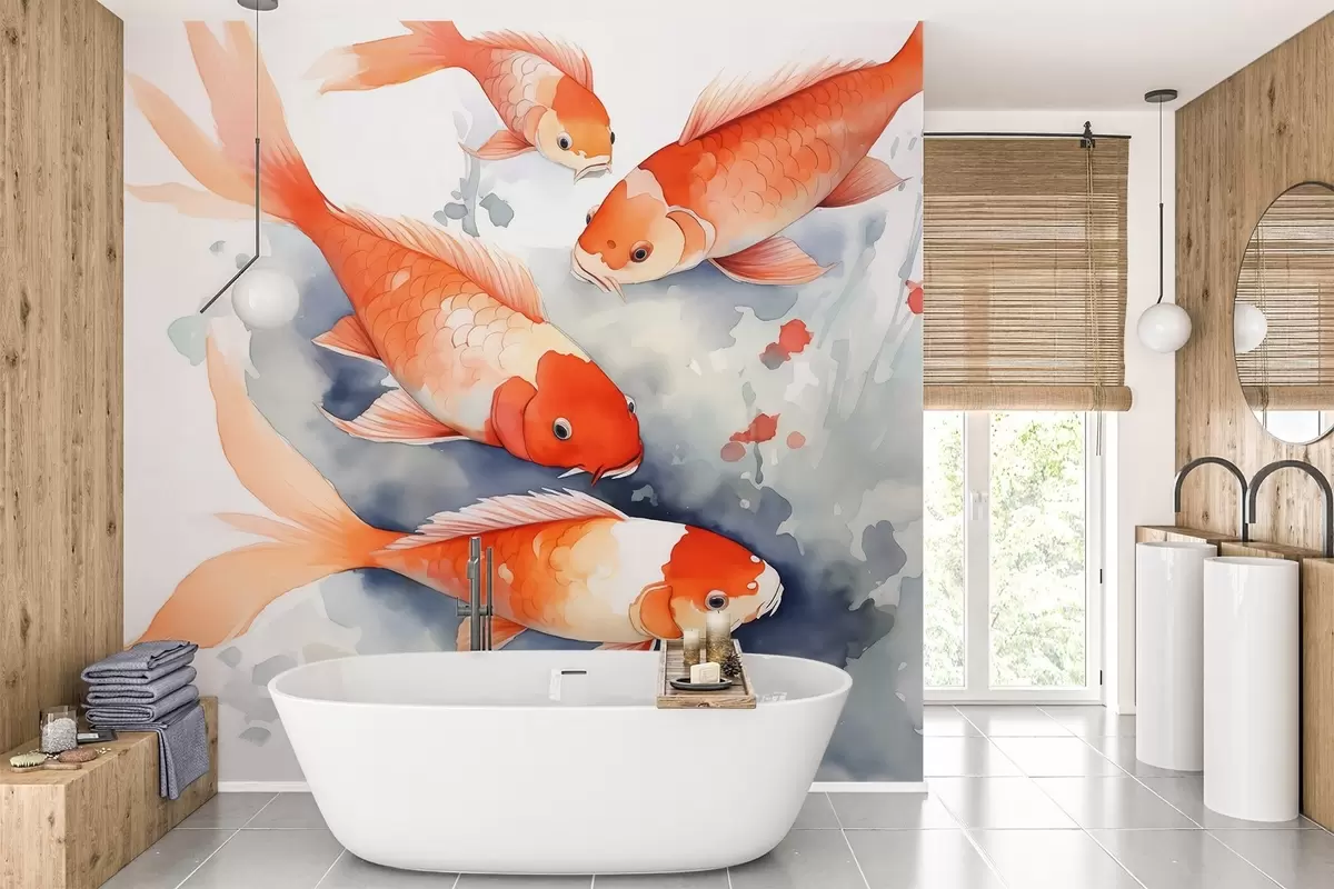 murales de pared Carpa koi estilo acuarela lavado húmedo w01950