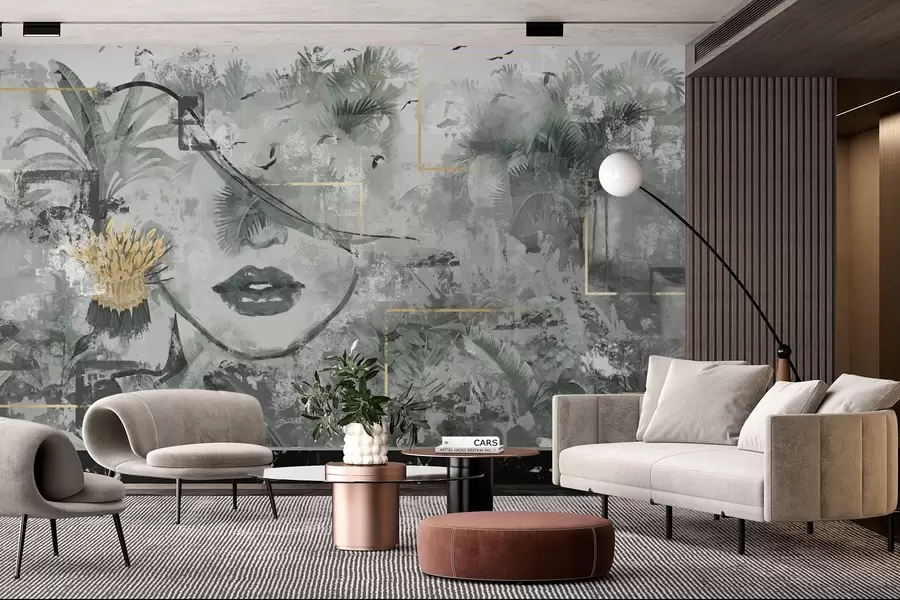 murales de pared Bosque tropical grunge y silueta de cara de niña w01916