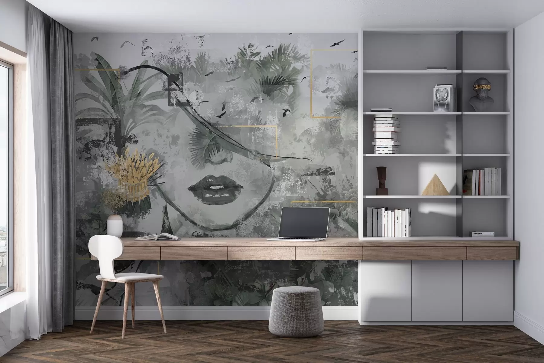 murales de pared Selva tropical grunge y silueta de la cara de una niña w01916d1