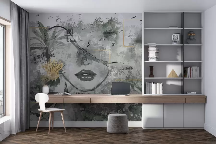 murales de pared Selva tropical grunge y silueta de la cara de una niña w01916d1