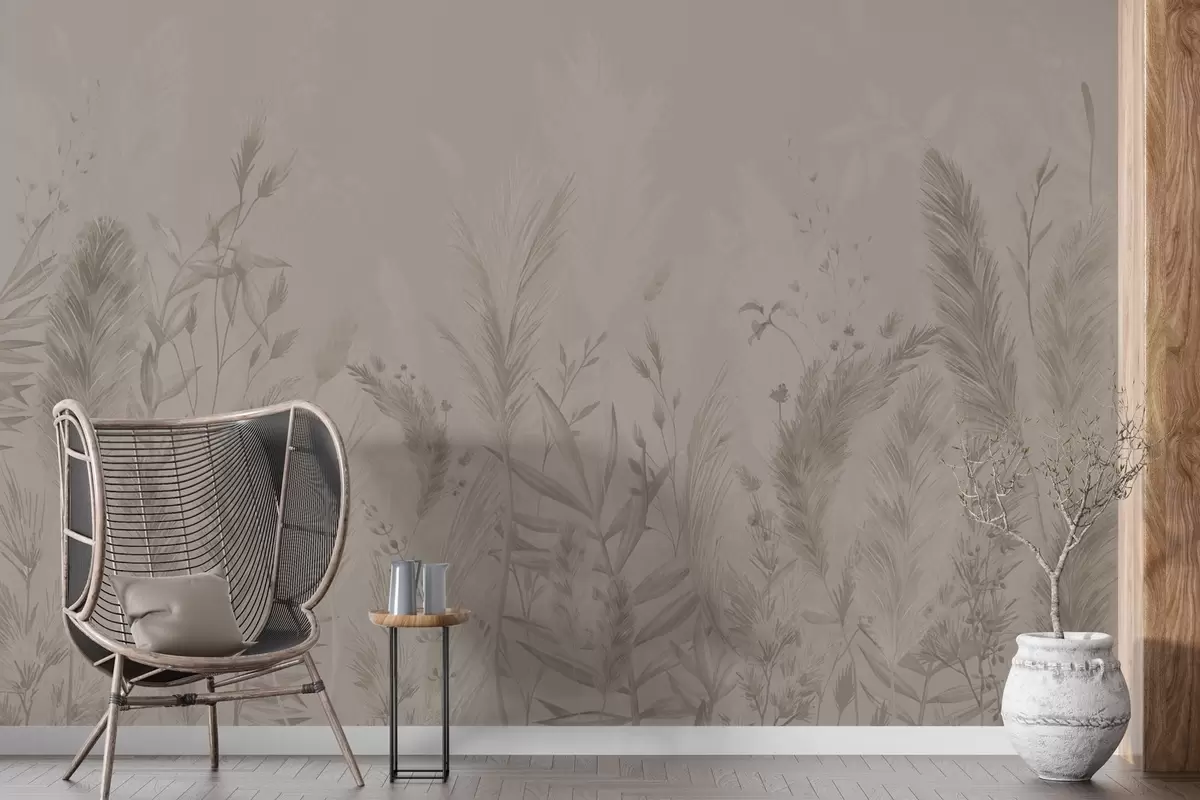murales de pared Hierbas silvestres altas y flores de color beige w02004v2
