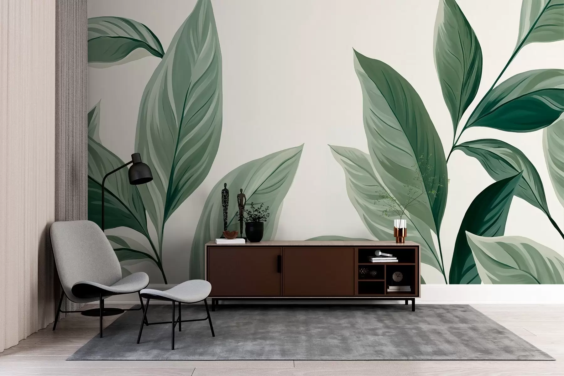 murales de pared Elegantes hojas verdes sobre fondo claro w01976