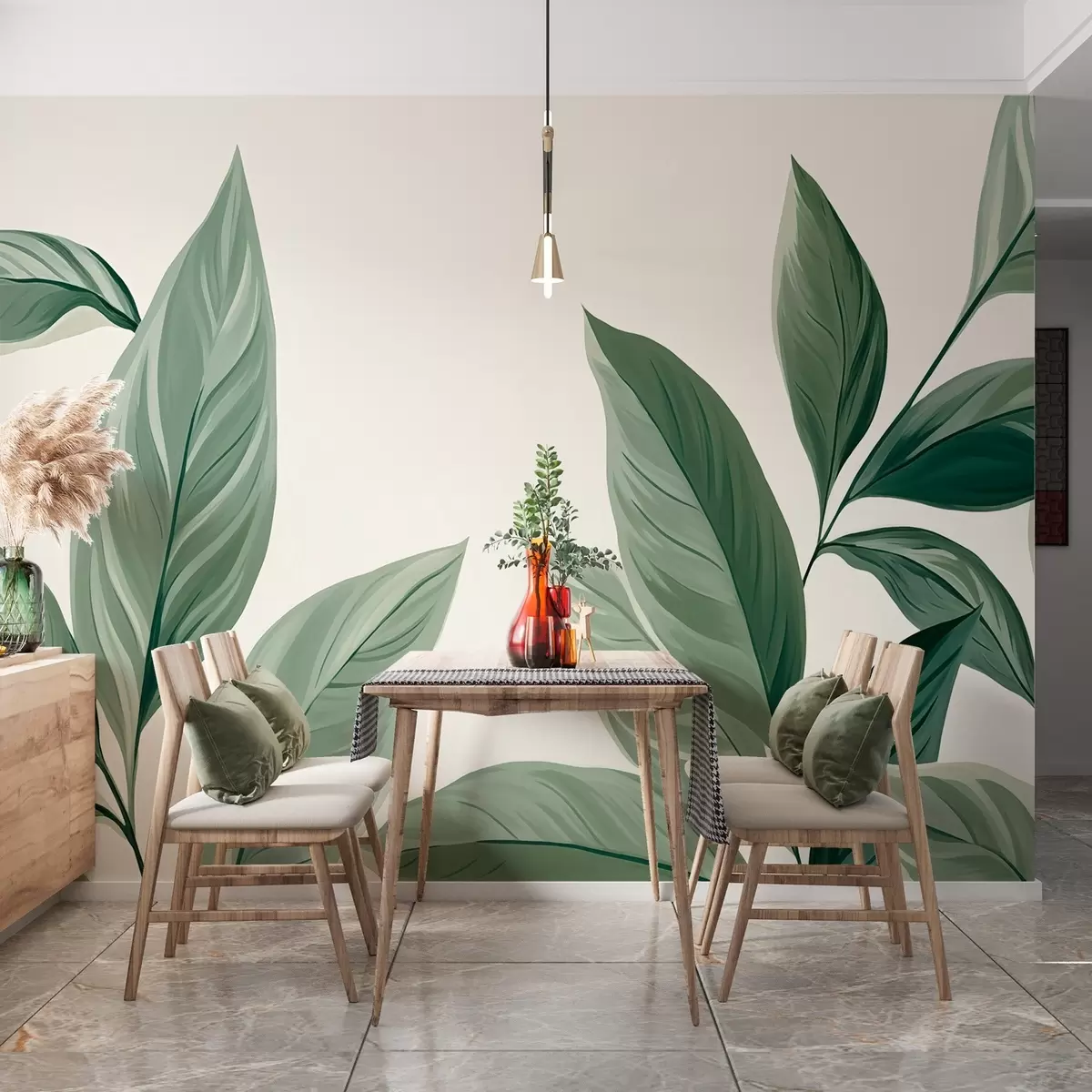 murales de pared Elegantes hojas verdes sobre fondo claro w01976