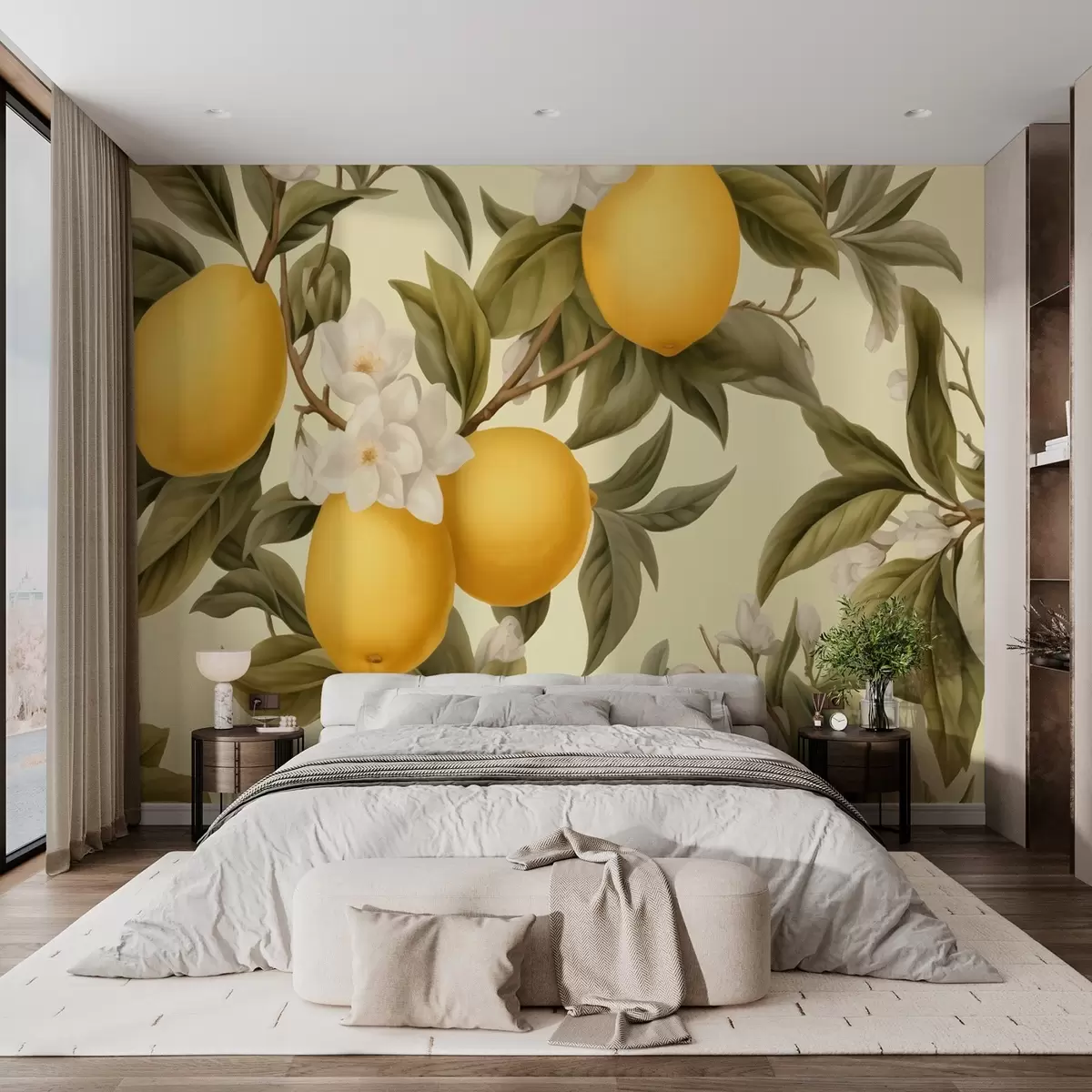 murales de pared Jugosos limones con flores blancas en las ramas w01977