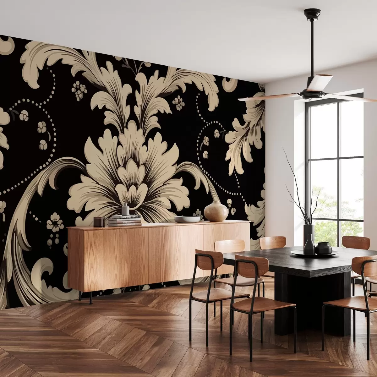 murales de pared Estampado barroco clásico en tonos beige y oscuros w01979