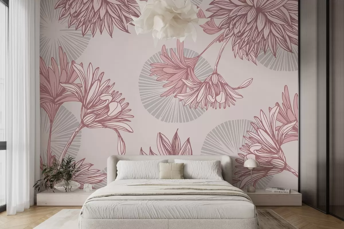 murales de pared grandes flores rosas y círculos grises w02015