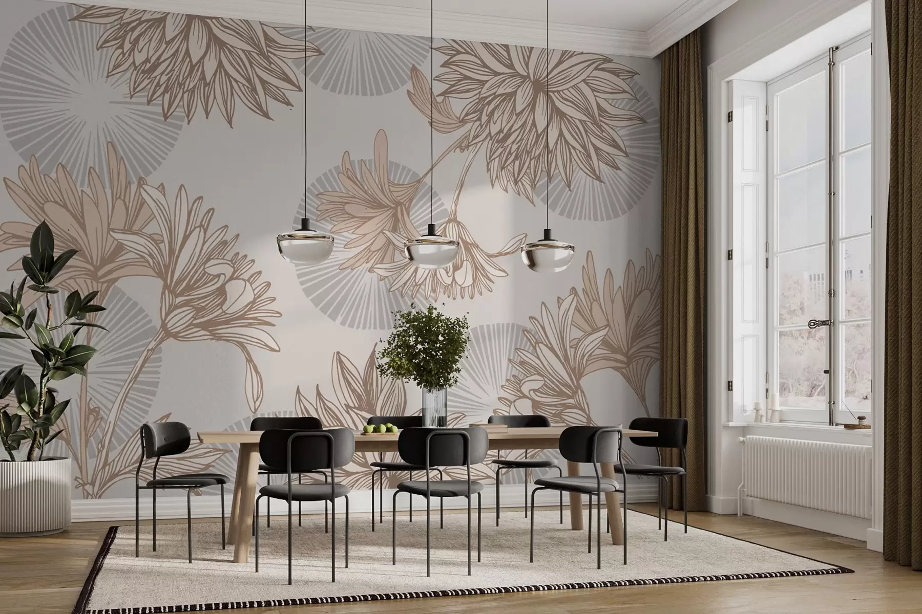 murales de pared grandes flores beige y círculos grises w02015v2