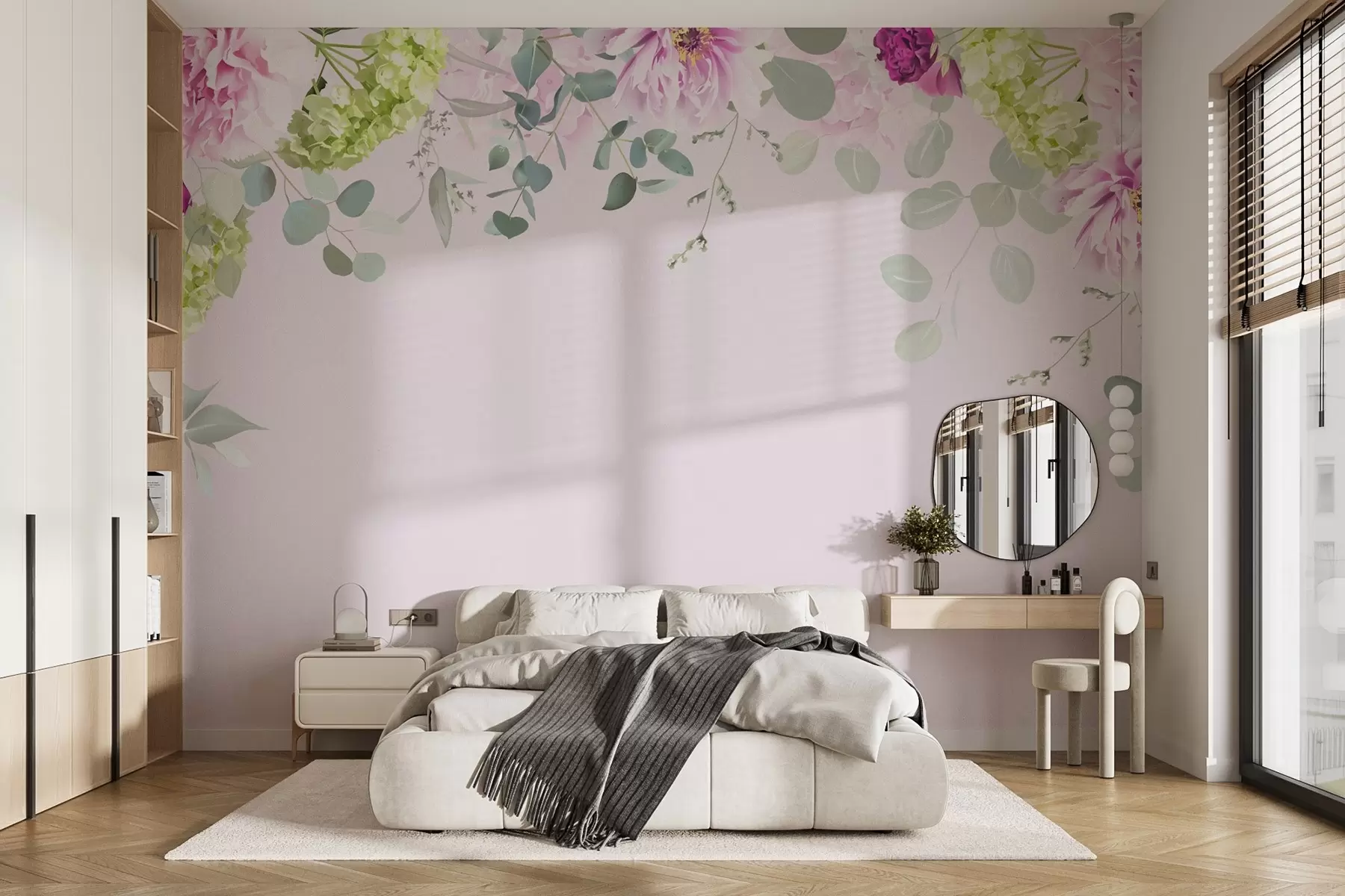 murales de pared flores rosas sobre hojas verdes w02016