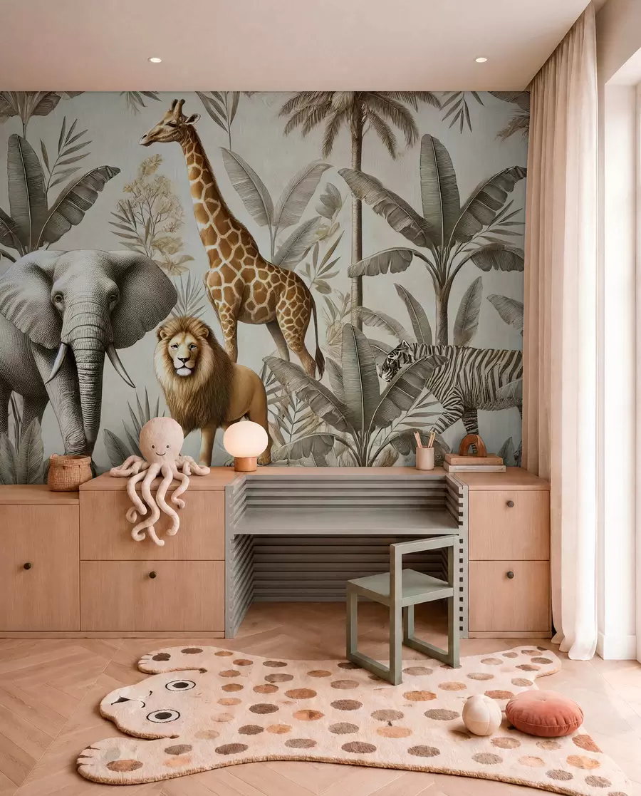 murales de pared Papel pintado infantil Safari con paisaje tropical y varios animales en elegantes colores w01956