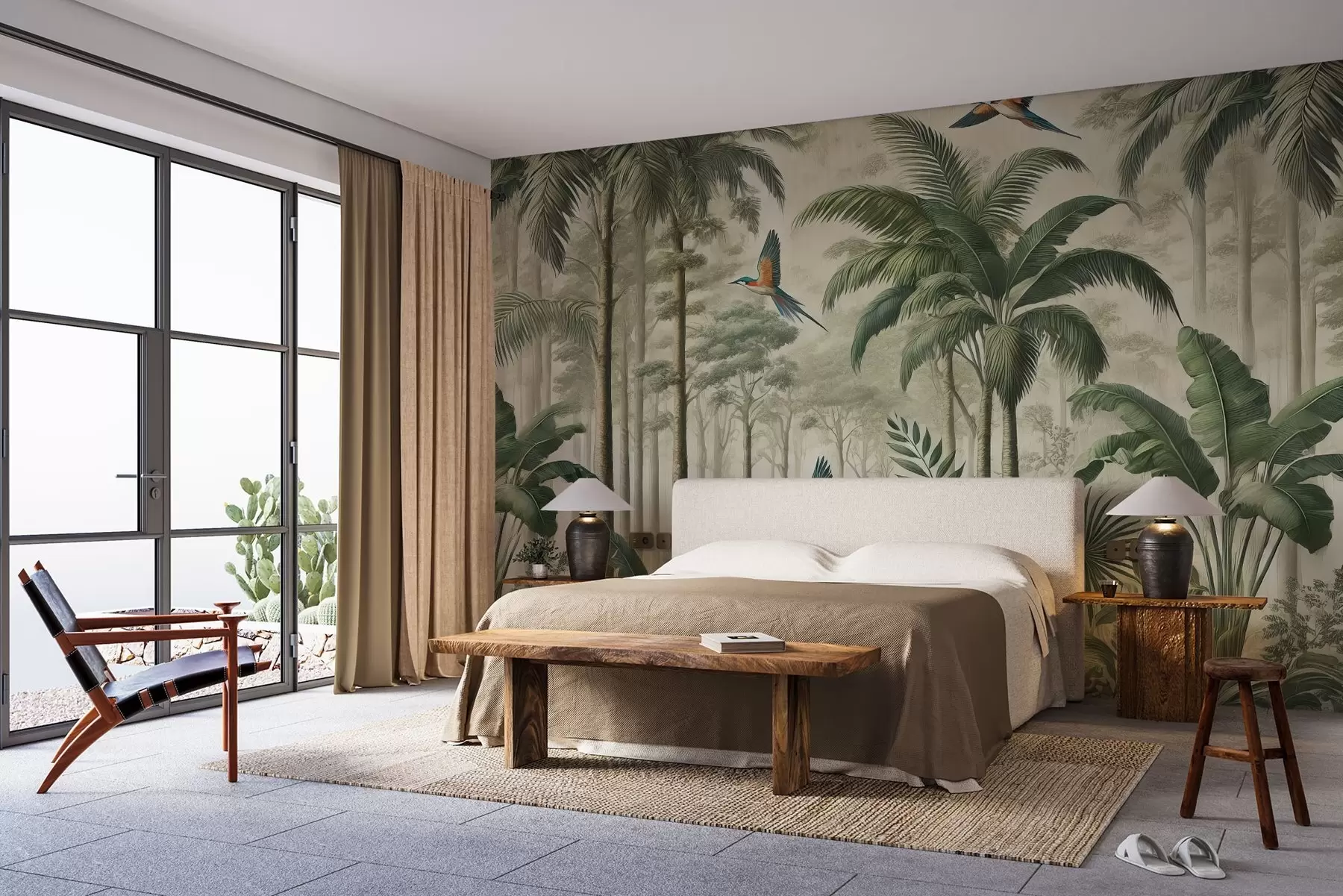 murales de pared Panorama con paisaje tropical y aves w01957