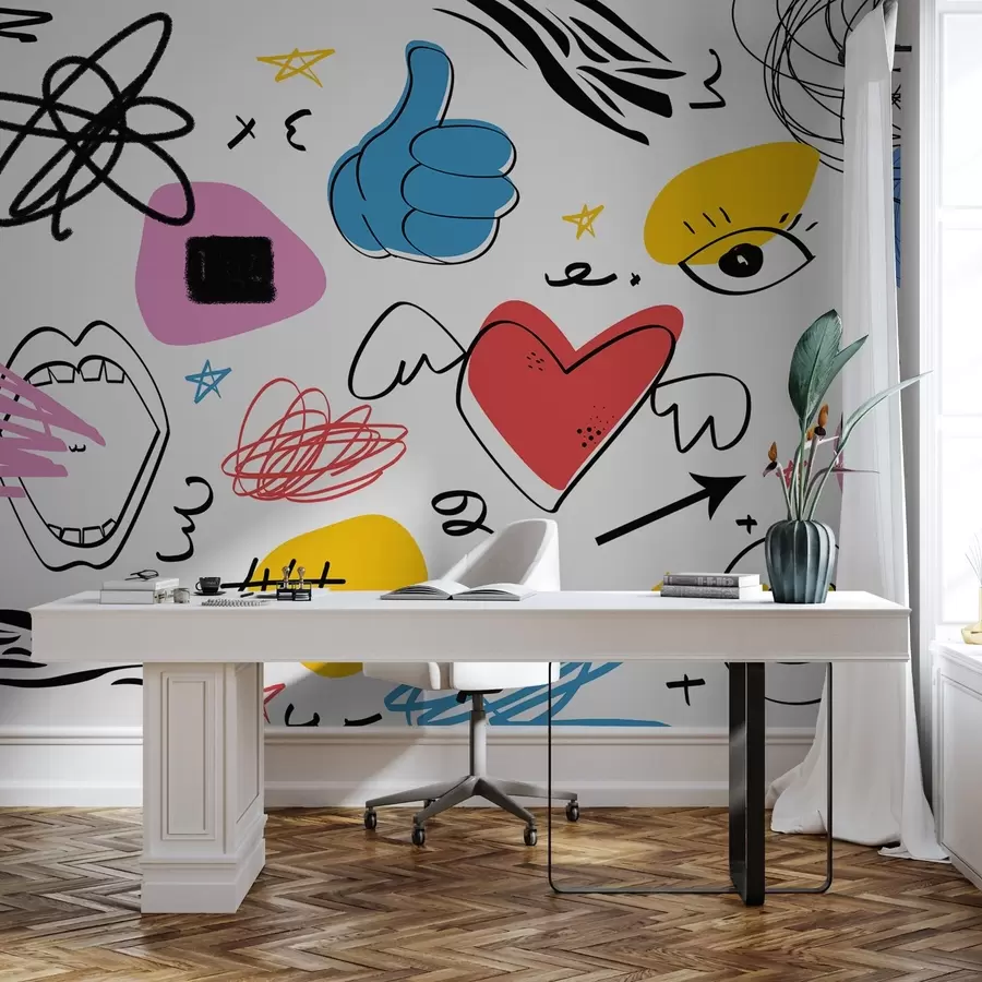 murales de pared Dibujo de signos y símbolos tácticos, confusión, líneas, color azul, amarillo, rojo, rosa w01940